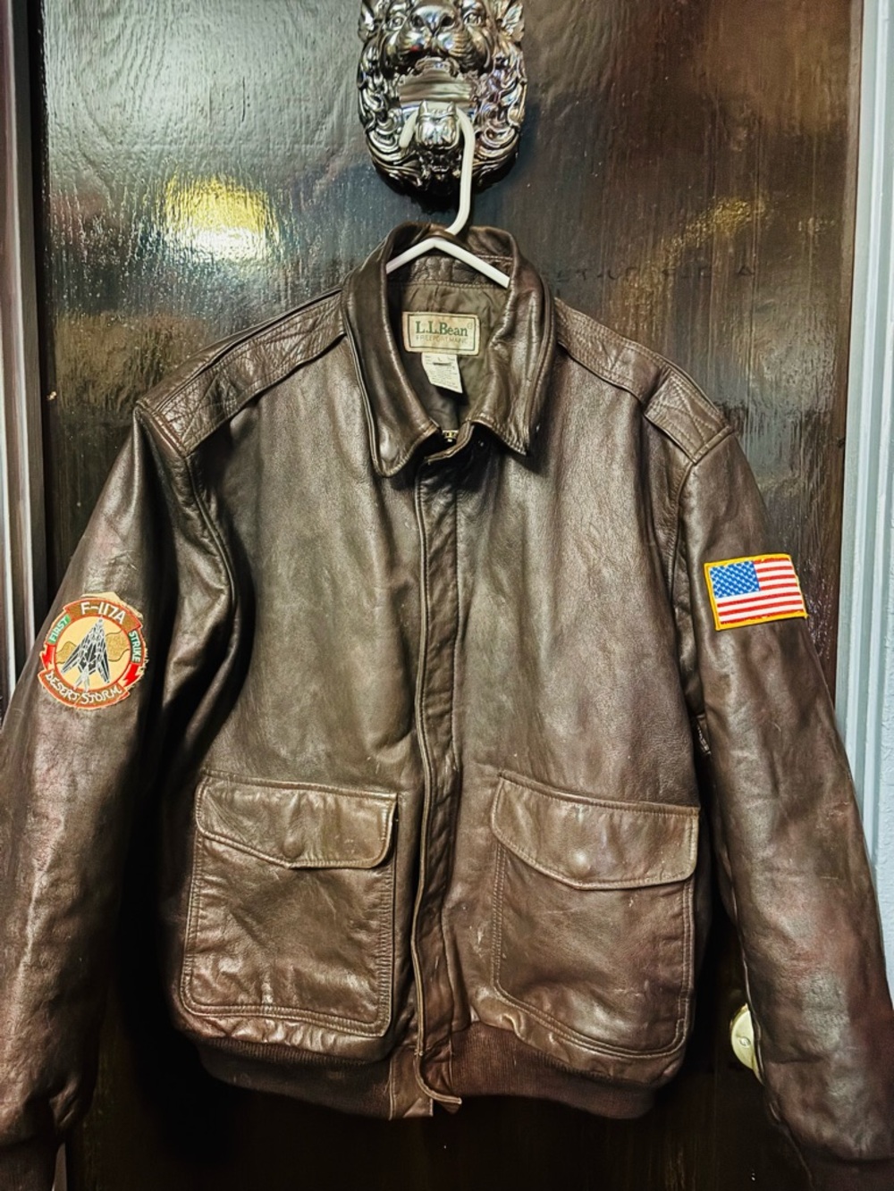 L.L. Bean Brown Leather Military Field Jacket with Patch Accents